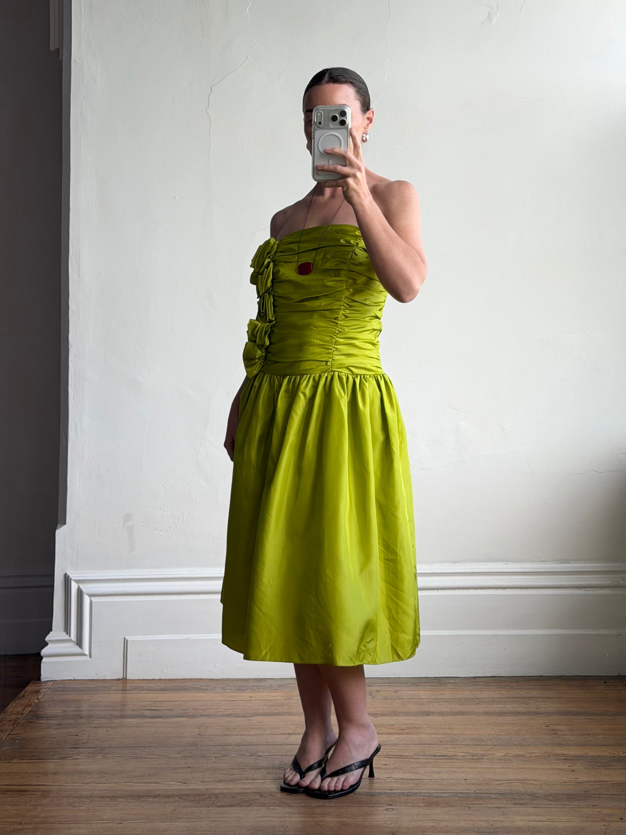 Vintage 80s Chartreuse Taffeta Strapless Cocktail Dress