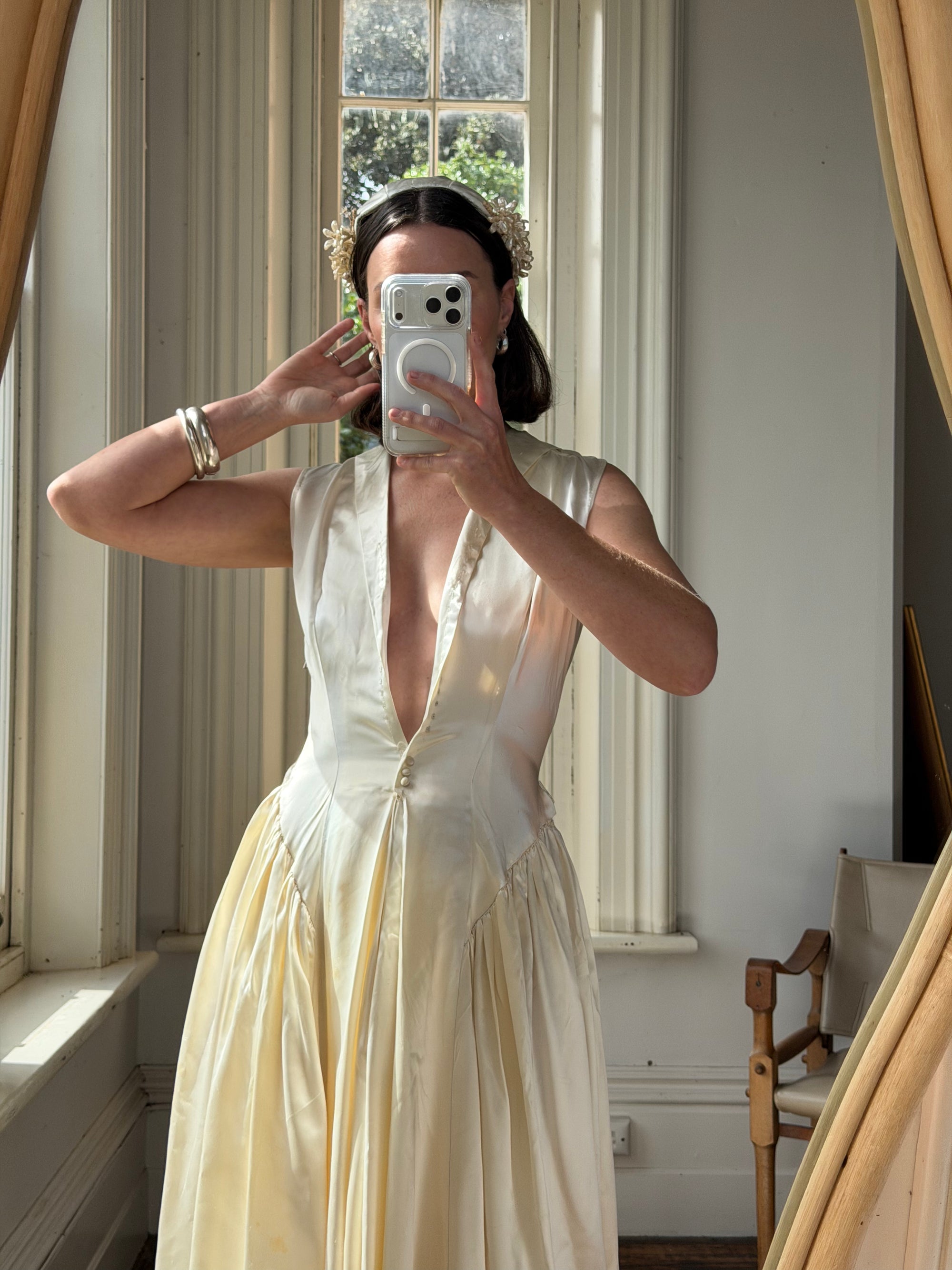 Vintage 40s Liquid Satin Plunging Wedding Gown with Pearl Cap