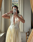 Vintage 40s Liquid Satin Plunging Wedding Gown with Pearl Cap