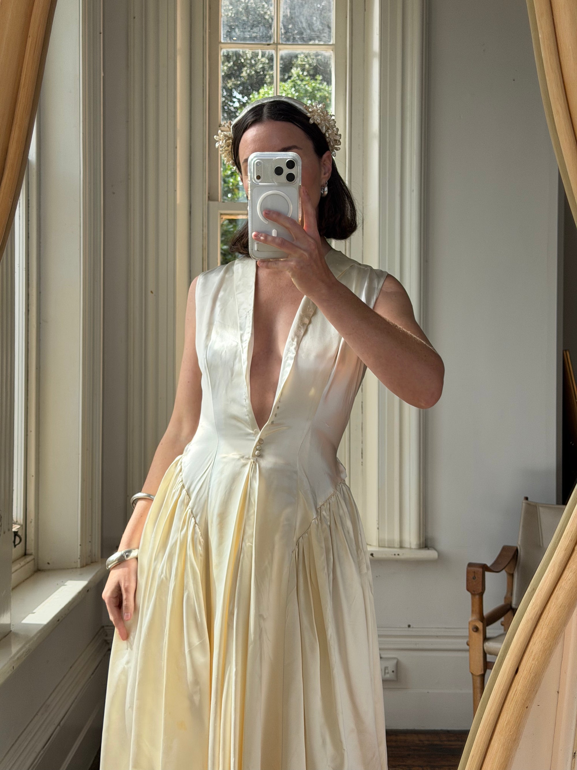 Vintage 40s Liquid Satin Plunging Wedding Gown with Pearl Cap