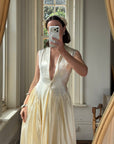 Vintage 40s Liquid Satin Plunging Wedding Gown with Pearl Cap