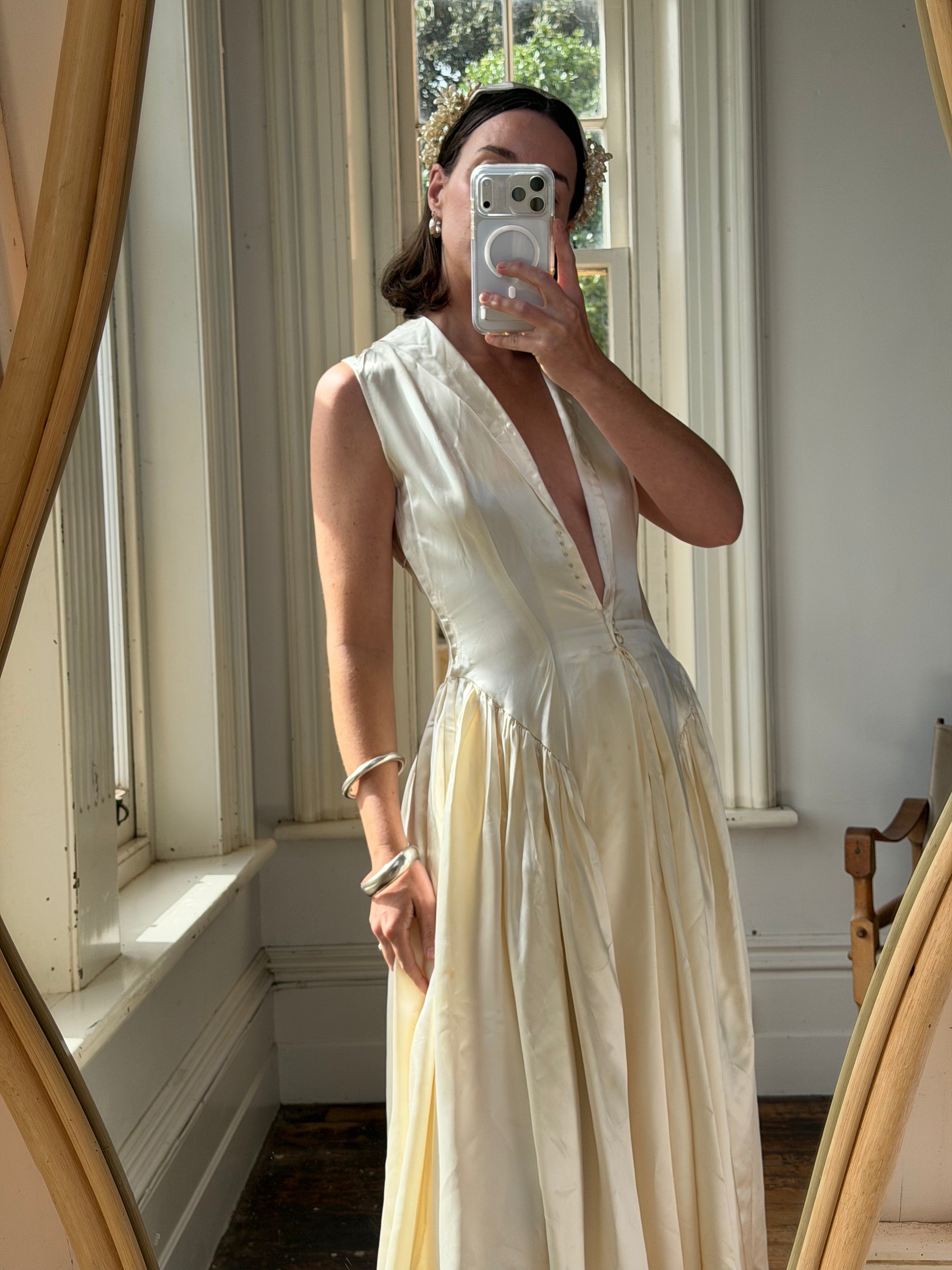 Vintage 40s Liquid Satin Plunging Wedding Gown with Pearl Cap