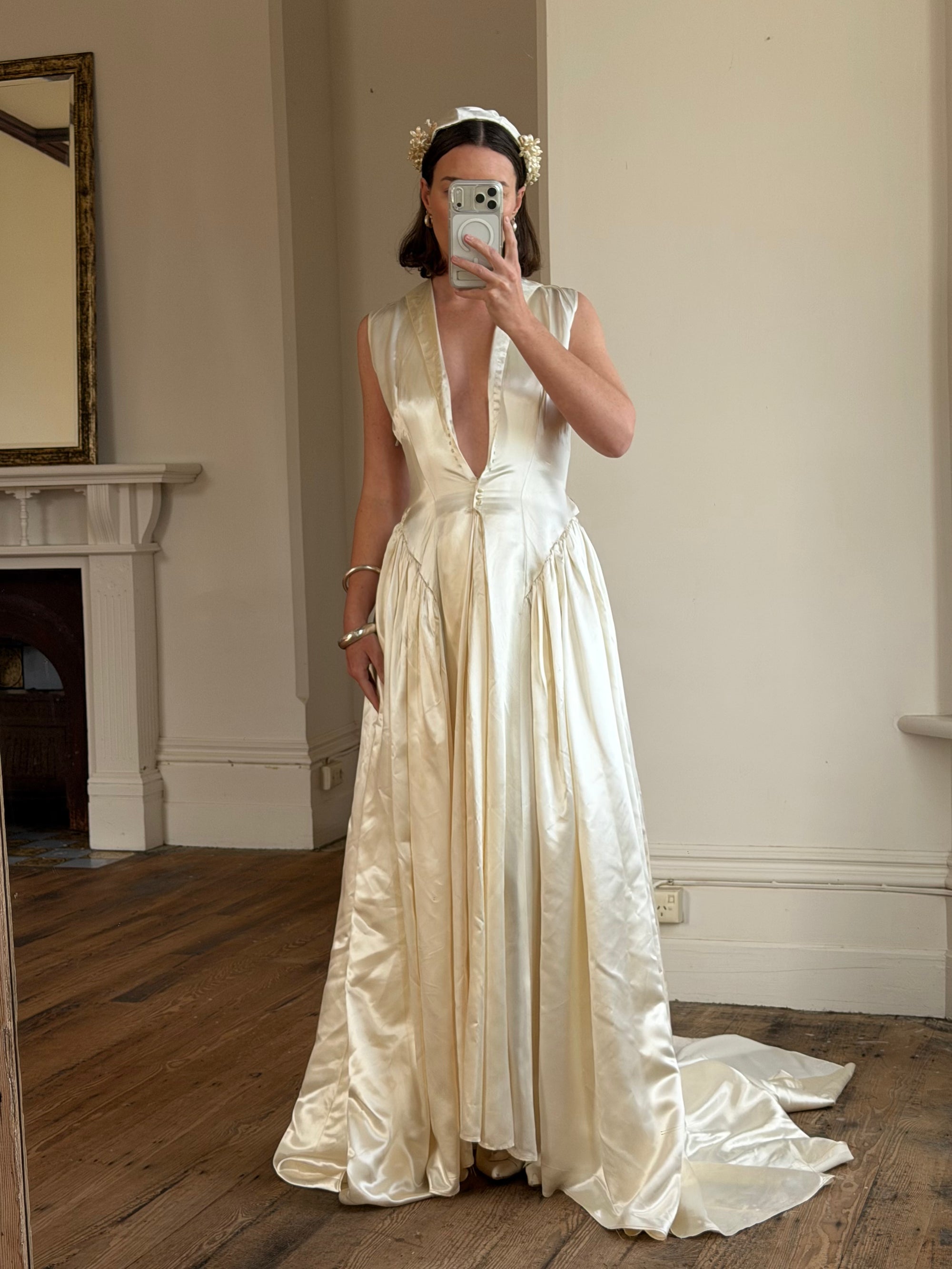 Vintage 40s Liquid Satin Plunging Wedding Gown with Pearl Cap
