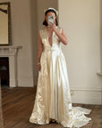 Vintage 40s Liquid Satin Plunging Wedding Gown with Pearl Cap
