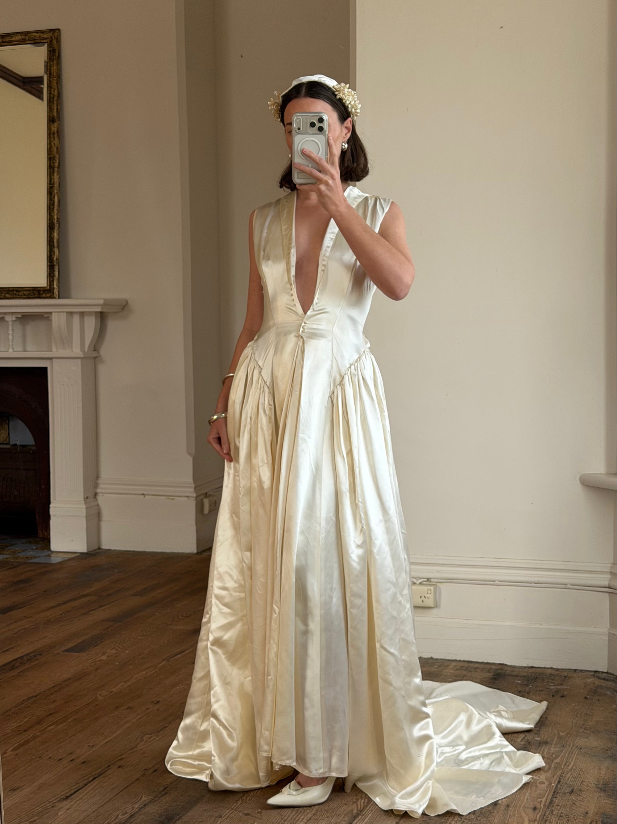 Vintage 40s Liquid Satin Plunging Wedding Gown with Pearl Cap