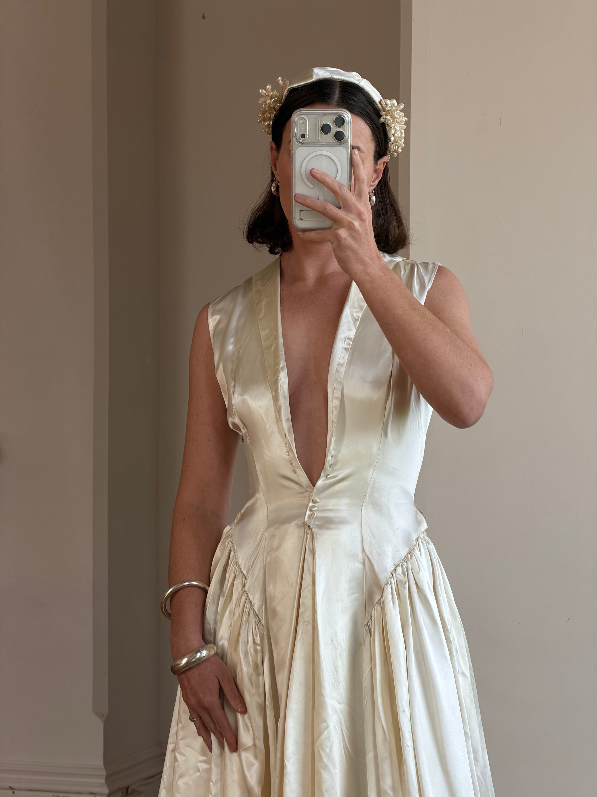Vintage 40s Liquid Satin Plunging Wedding Gown with Pearl Cap