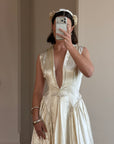 Vintage 40s Liquid Satin Plunging Wedding Gown with Pearl Cap