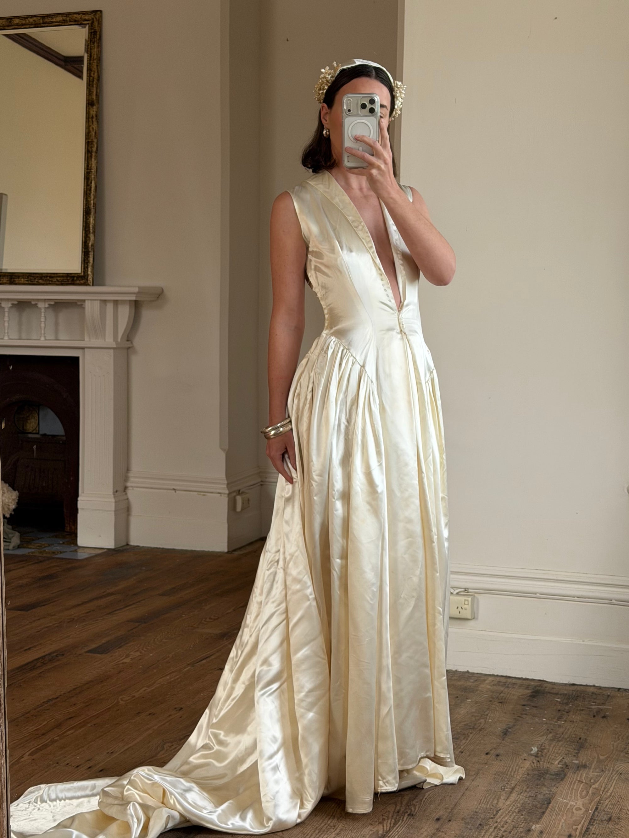 Vintage 40s Liquid Satin Plunging Wedding Gown with Pearl Cap