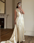 Vintage 40s Liquid Satin Plunging Wedding Gown with Pearl Cap
