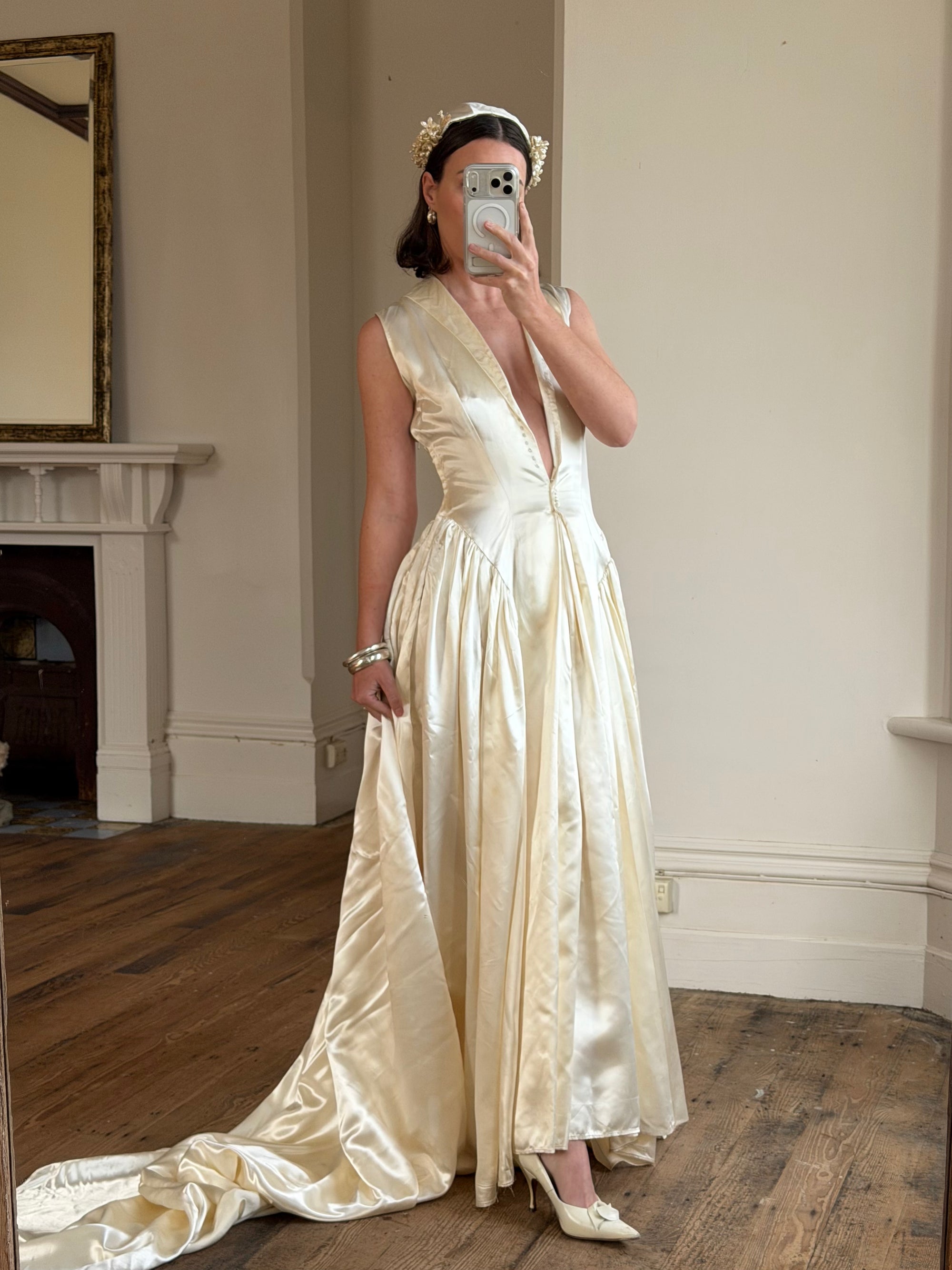 Vintage 40s Liquid Satin Plunging Wedding Gown with Pearl Cap
