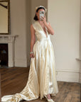 Vintage 40s Liquid Satin Plunging Wedding Gown with Pearl Cap