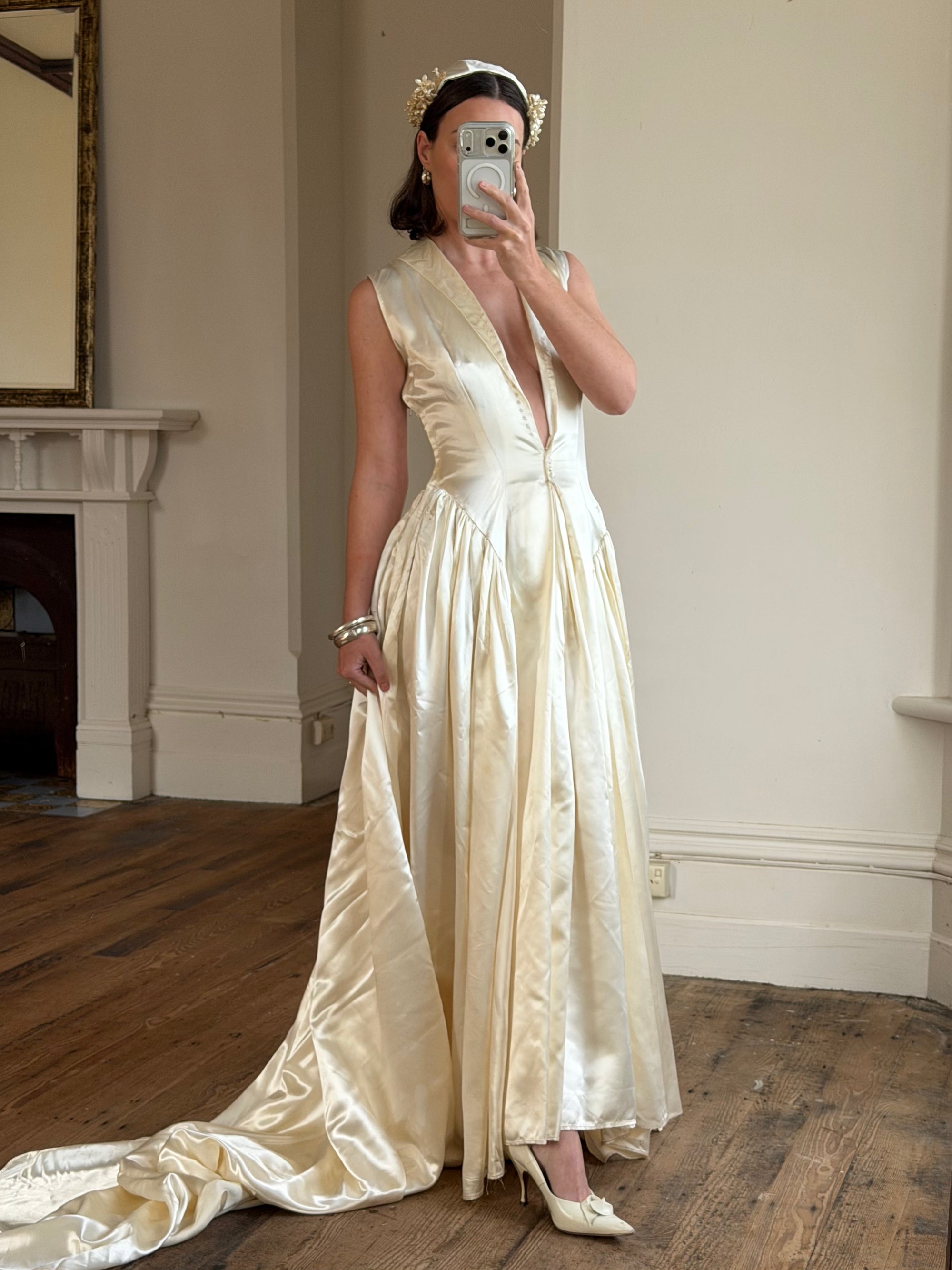 Vintage 40s Liquid Satin Plunging Wedding Gown with Pearl Cap