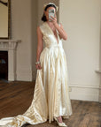 Vintage 40s Liquid Satin Plunging Wedding Gown with Pearl Cap