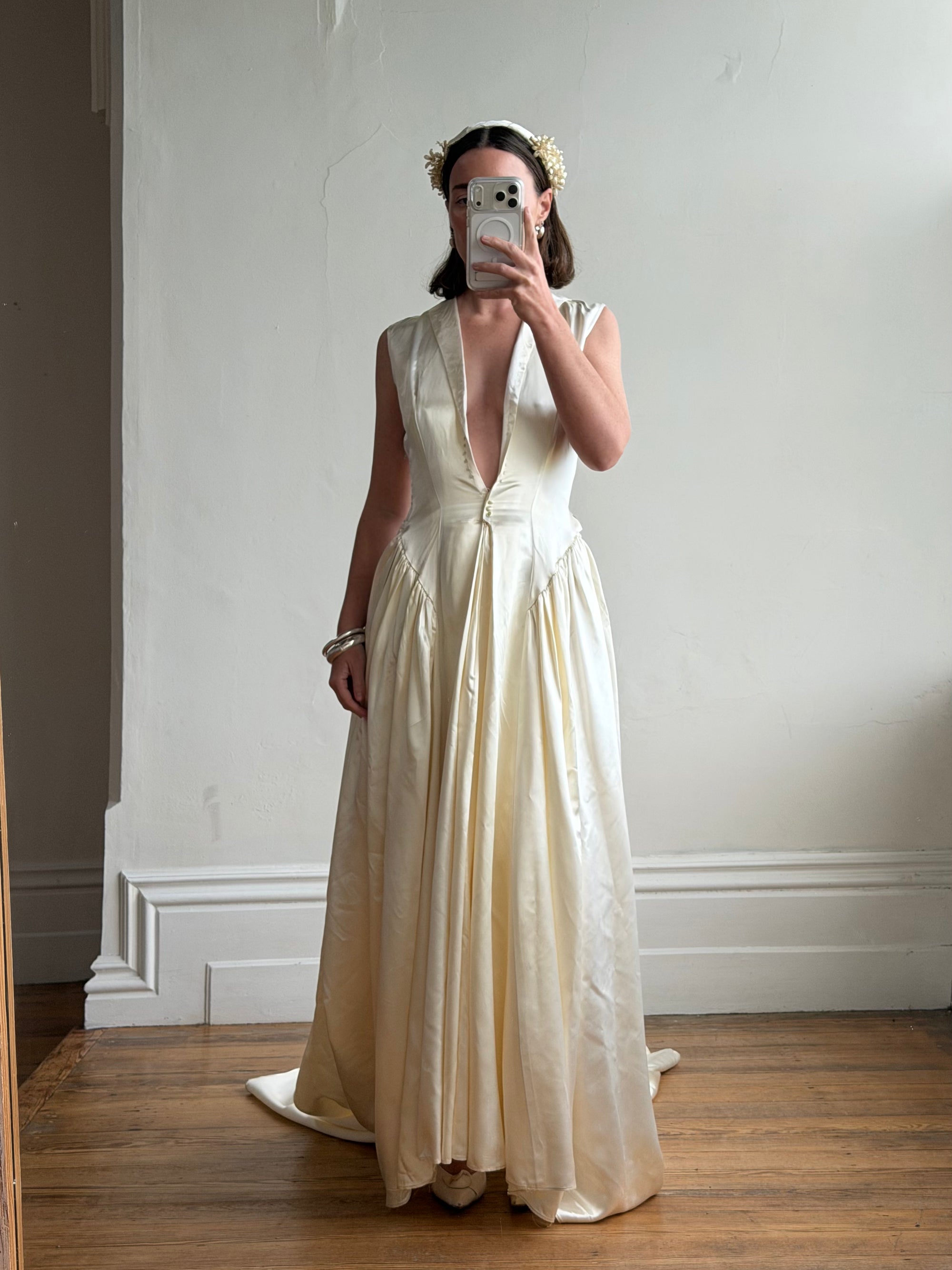 Vintage 40s Liquid Satin Plunging Wedding Gown with Pearl Cap