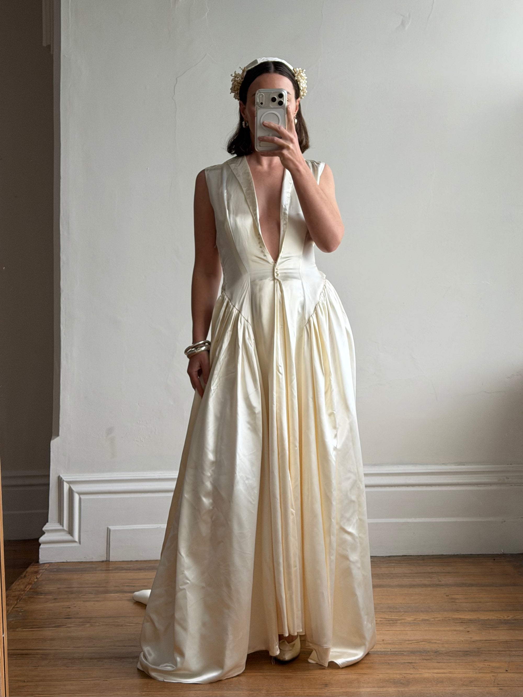Vintage 40s Liquid Satin Plunging Wedding Gown with Pearl Cap