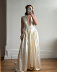 Vintage 40s Liquid Satin Plunging Wedding Gown with Pearl Cap
