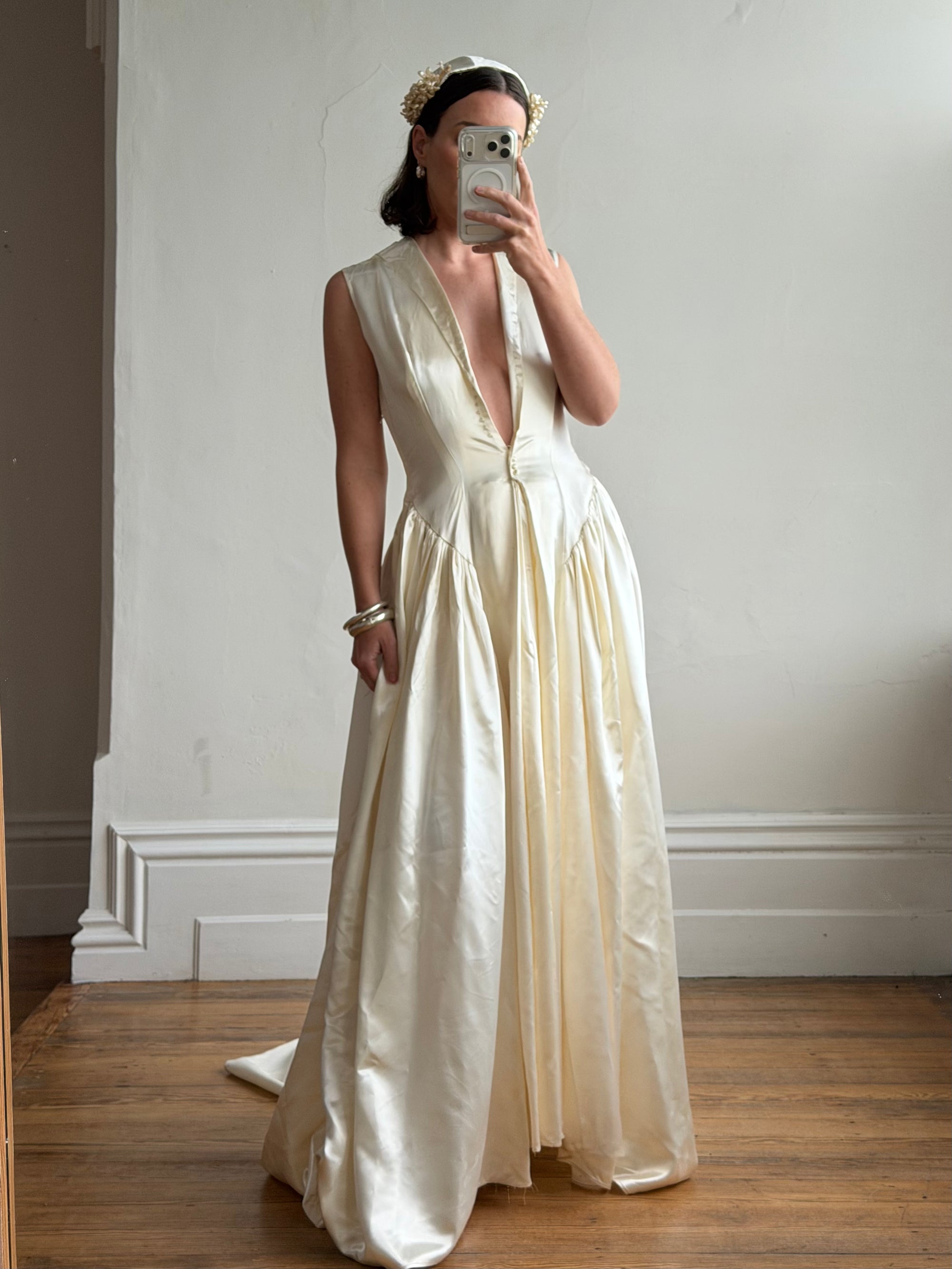Vintage 40s Liquid Satin Plunging Wedding Gown with Pearl Cap