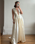 Vintage 40s Liquid Satin Plunging Wedding Gown with Pearl Cap