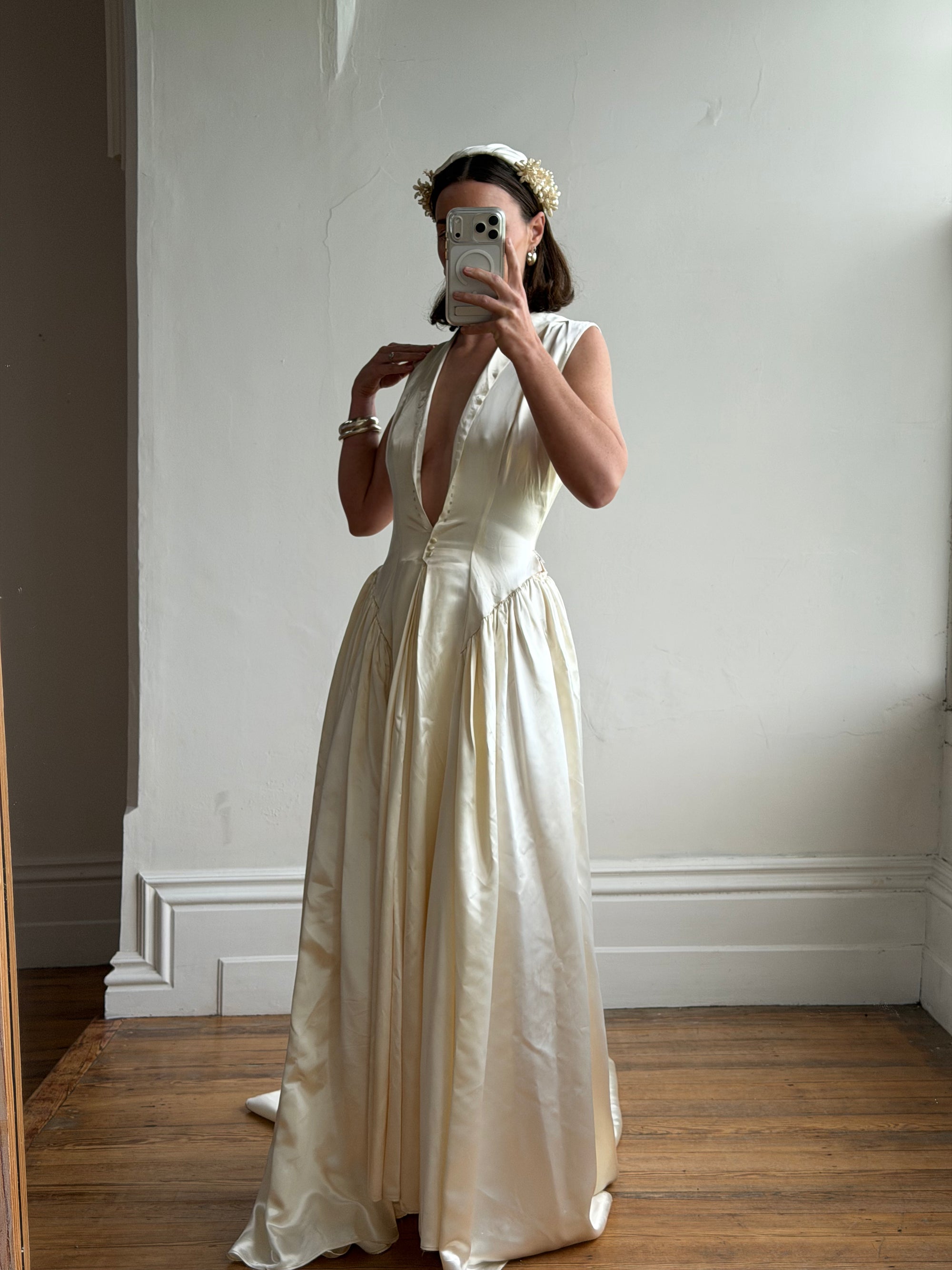 Vintage 40s Liquid Satin Plunging Wedding Gown with Pearl Cap