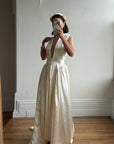 Vintage 40s Liquid Satin Plunging Wedding Gown with Pearl Cap