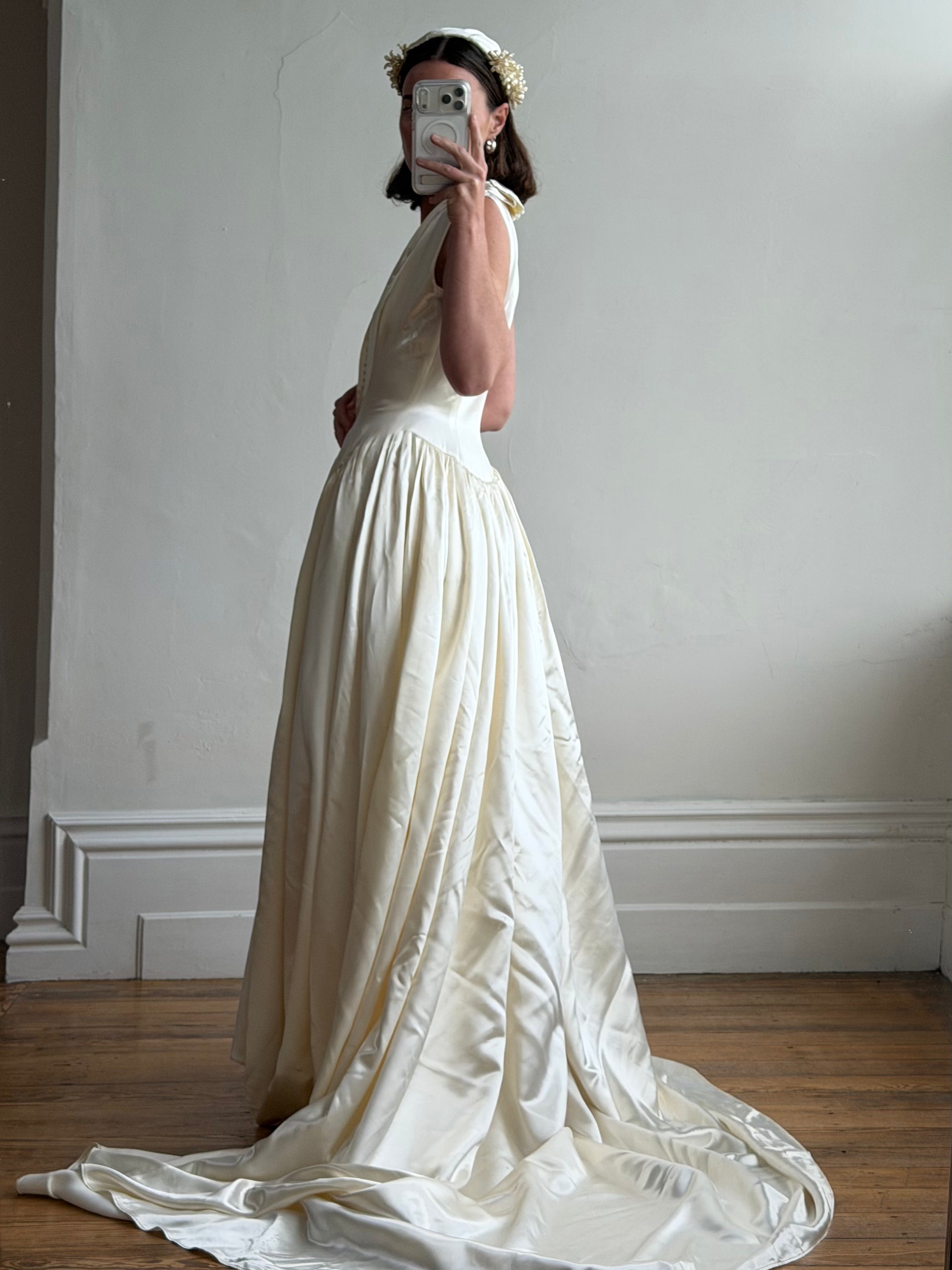 Vintage 40s Liquid Satin Plunging Wedding Gown with Pearl Cap