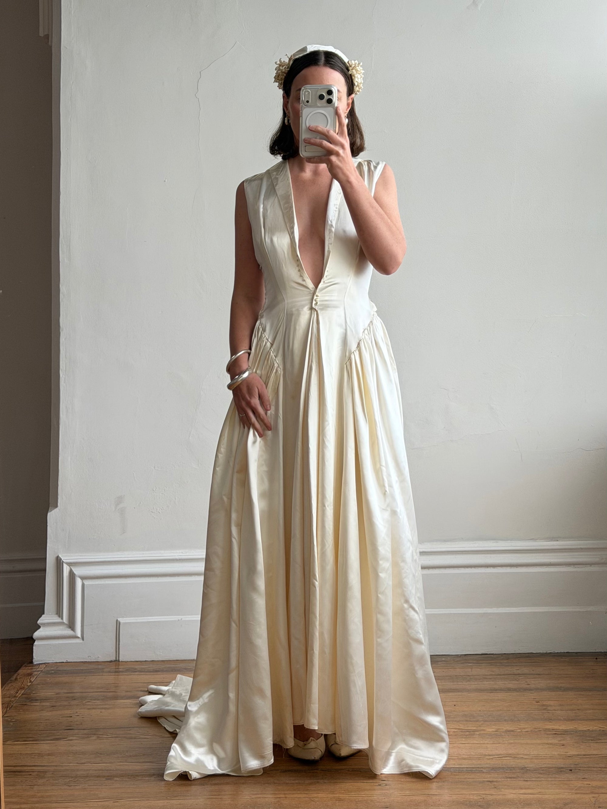 Vintage 40s Liquid Satin Plunging Wedding Gown with Pearl Cap