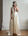 Vintage 40s Liquid Satin Plunging Wedding Gown with Pearl Cap