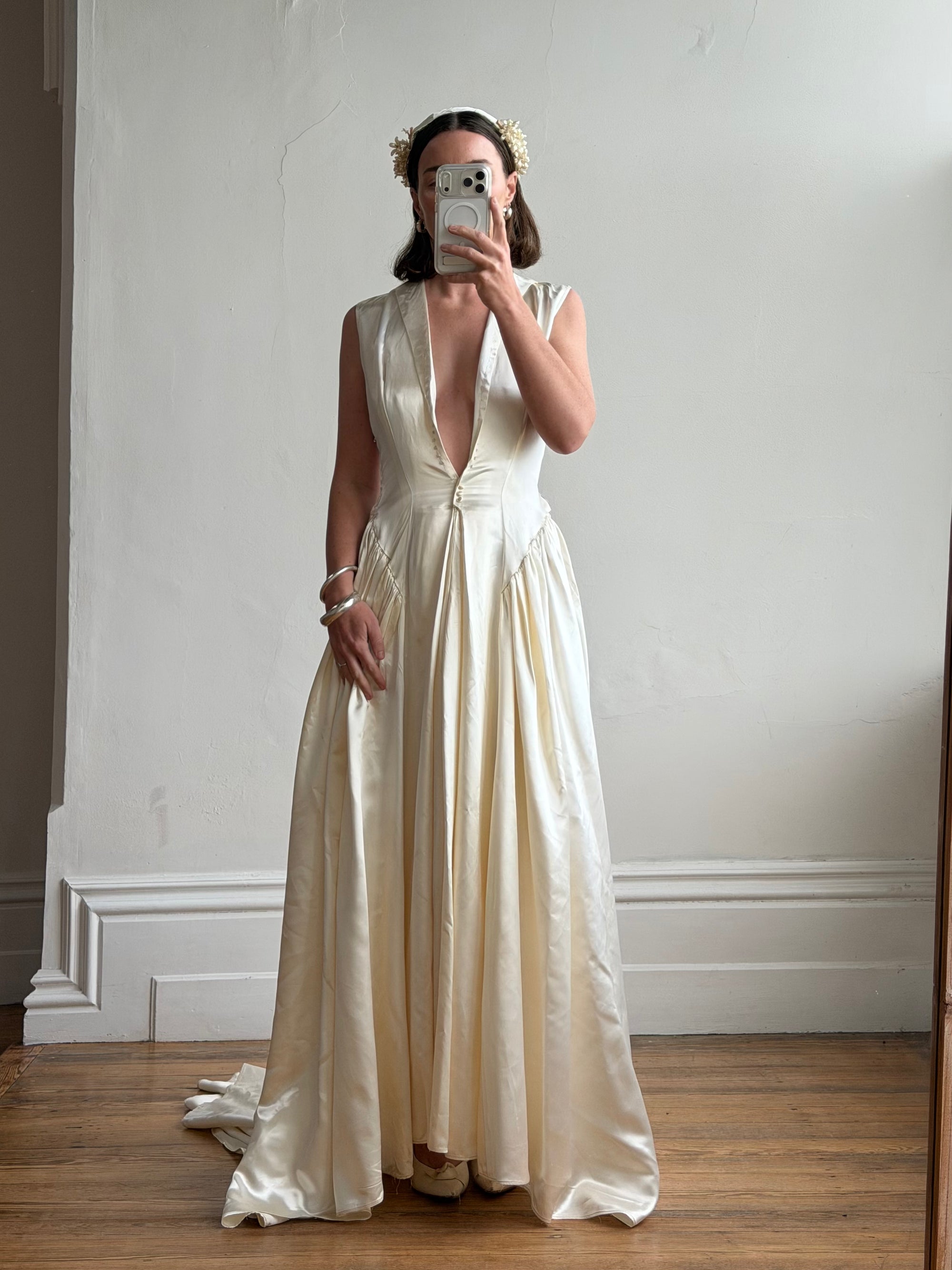 Vintage 40s Liquid Satin Plunging Wedding Gown with Pearl Cap