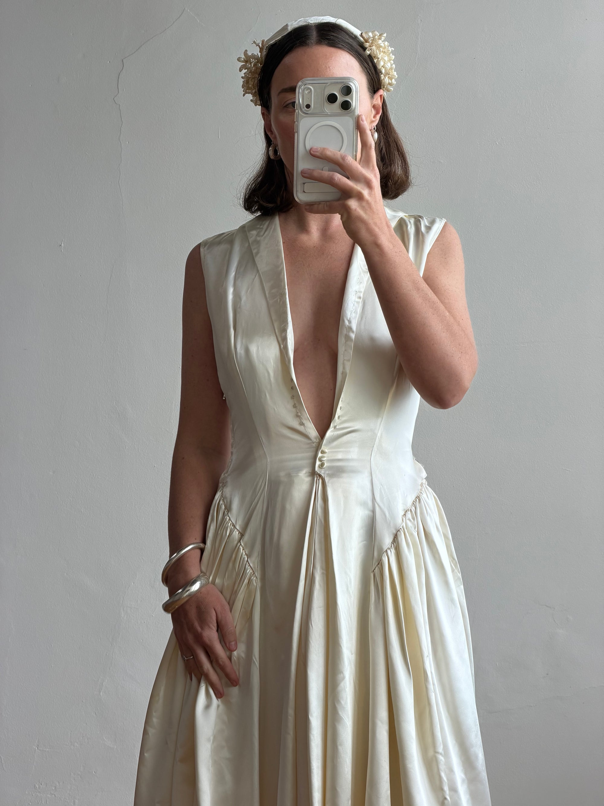 Vintage 40s Liquid Satin Plunging Wedding Gown with Pearl Cap