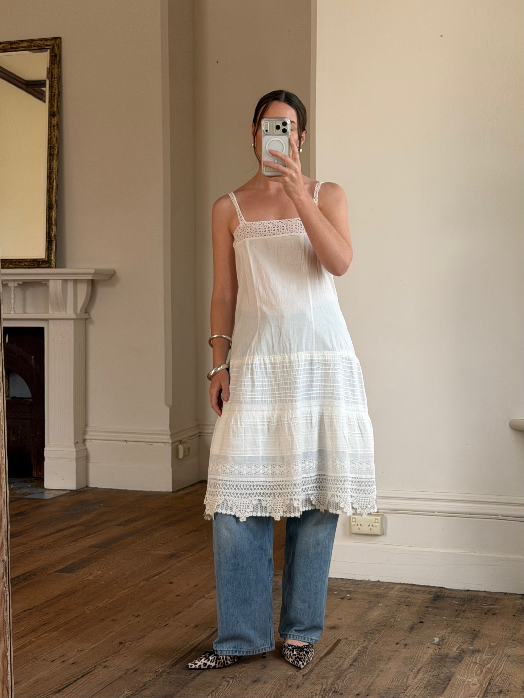 Vintage Edwardian White Cotton Crochet Lace Sundress