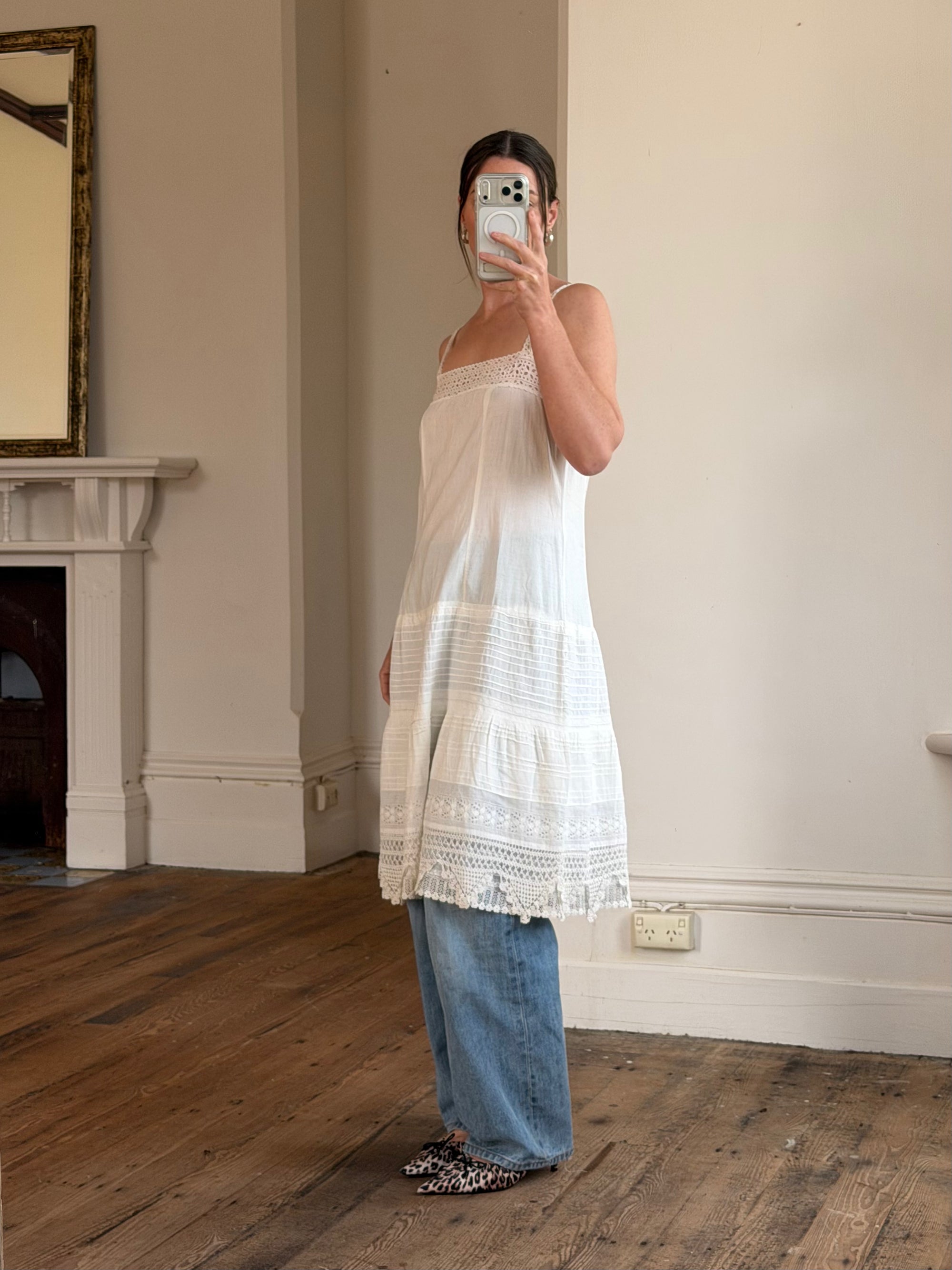 Vintage Edwardian White Cotton Crochet Lace Sundress