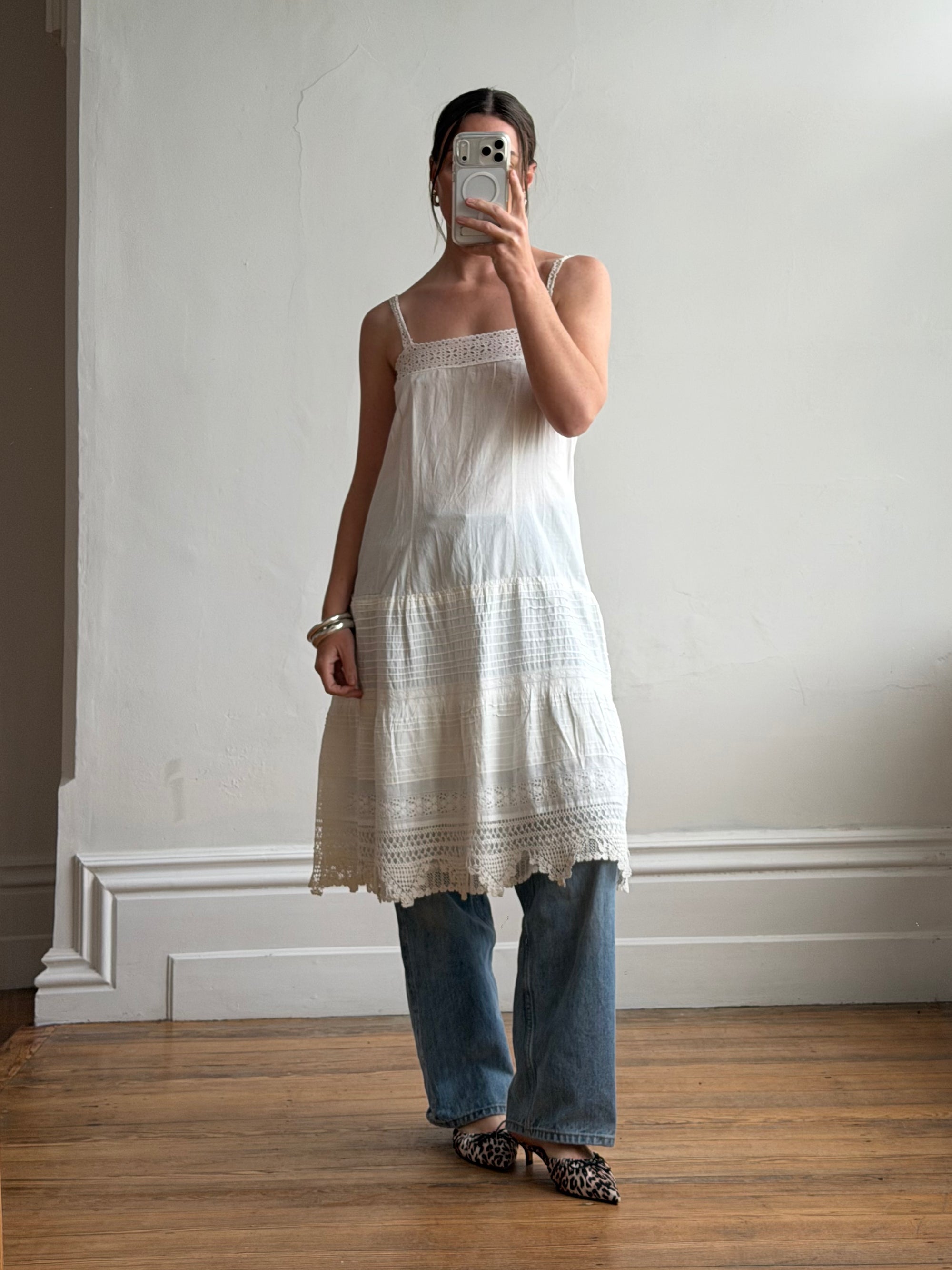 Vintage Edwardian White Cotton Crochet Lace Sundress