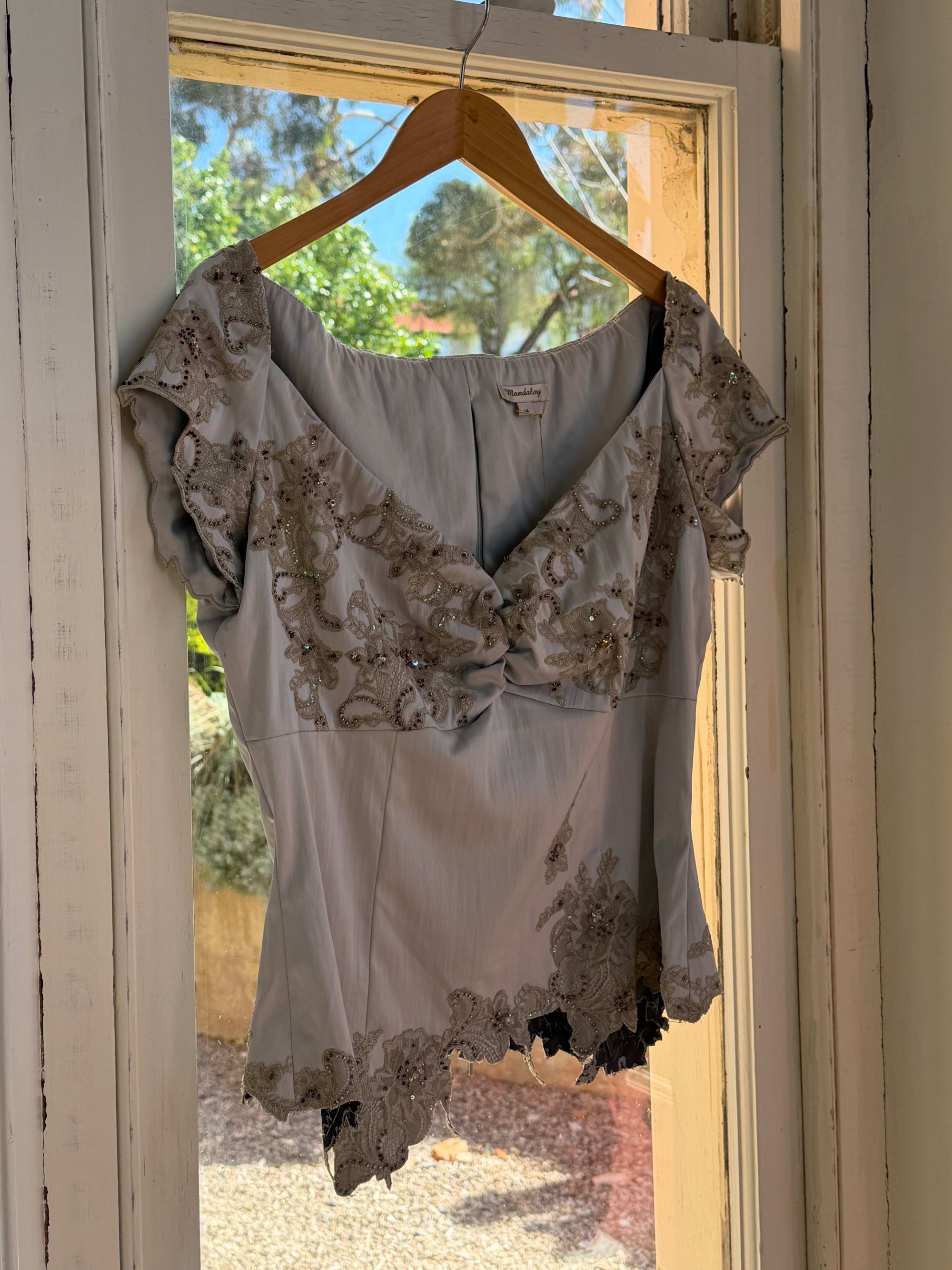 Vintage Y2K Silver Mandalay Satin Beaded Lace Appliqué Top