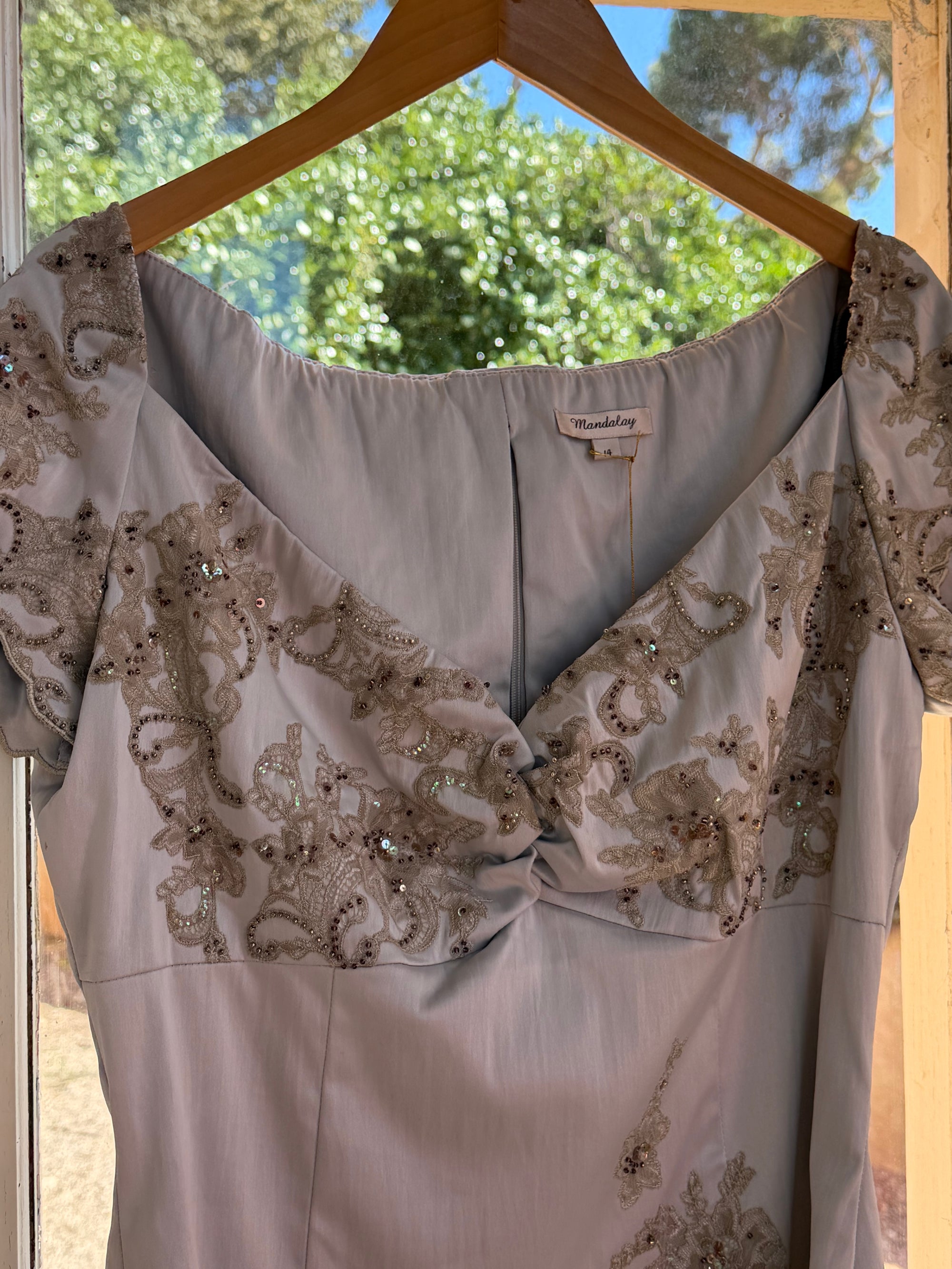 Vintage Y2K Silver Mandalay Satin Beaded Lace Appliqué Top