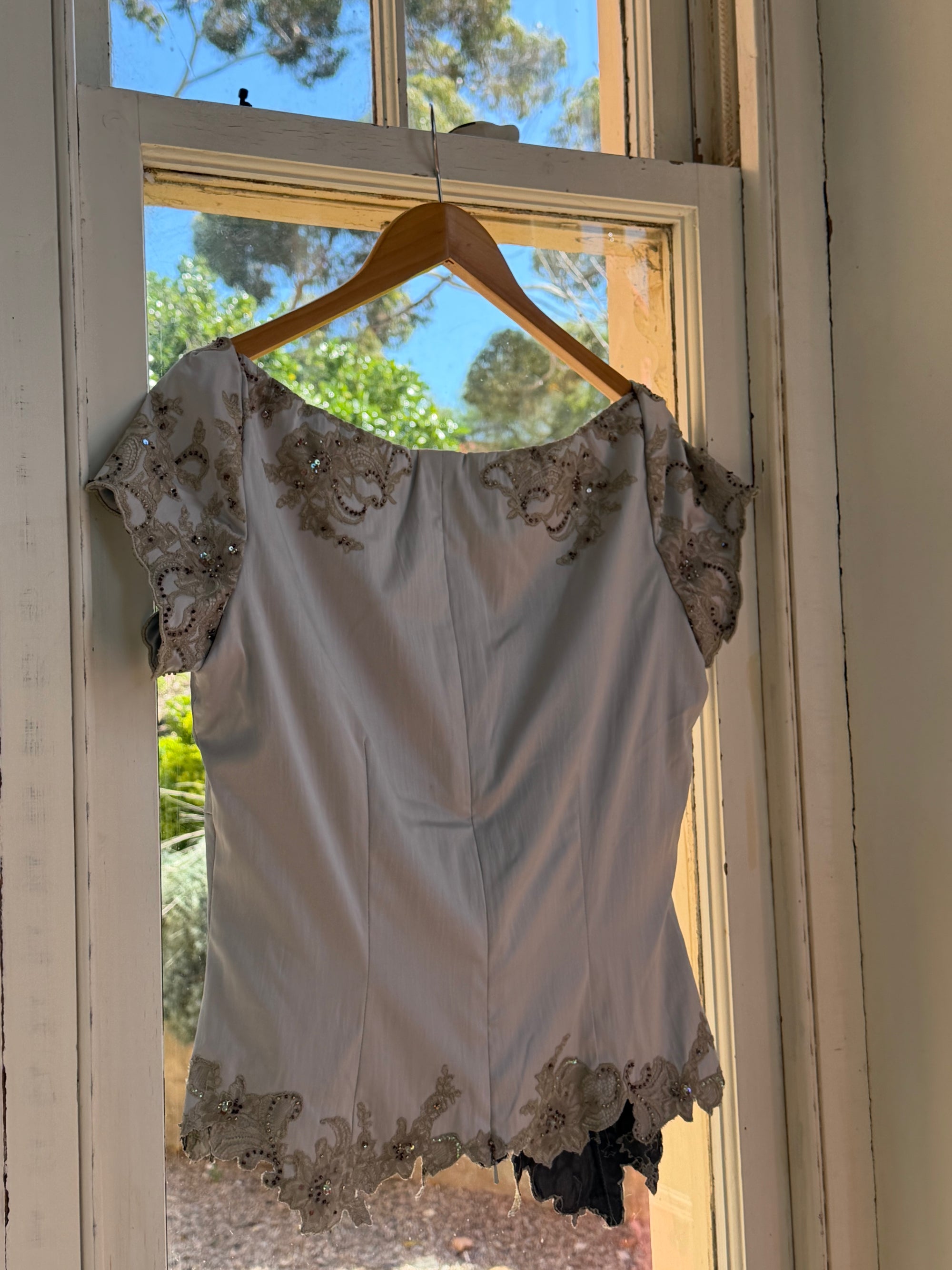 Vintage Y2K Silver Mandalay Satin Beaded Lace Appliqué Top