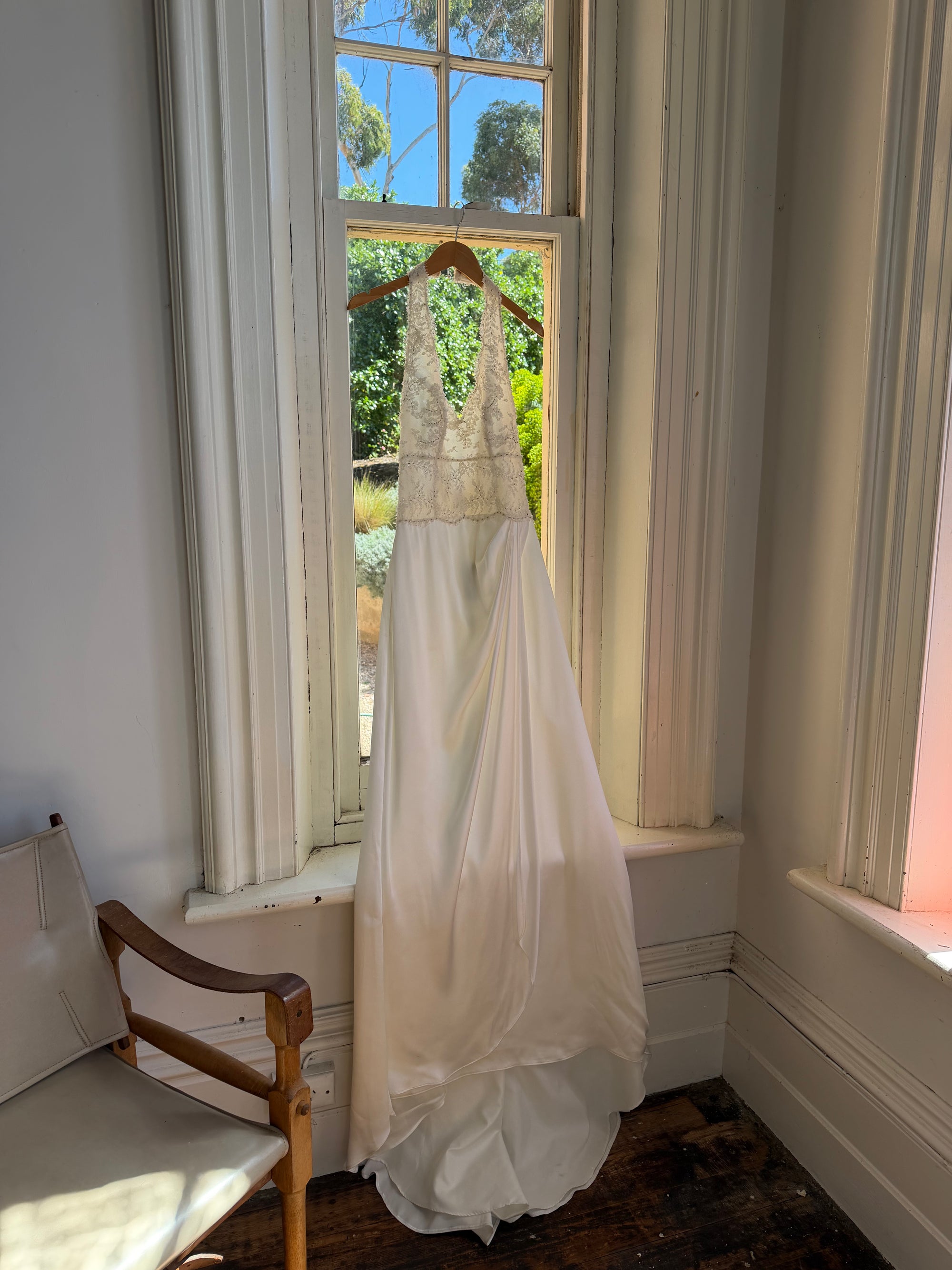 Vintage 90s Draped Satin Sequin Halter Wedding Gown