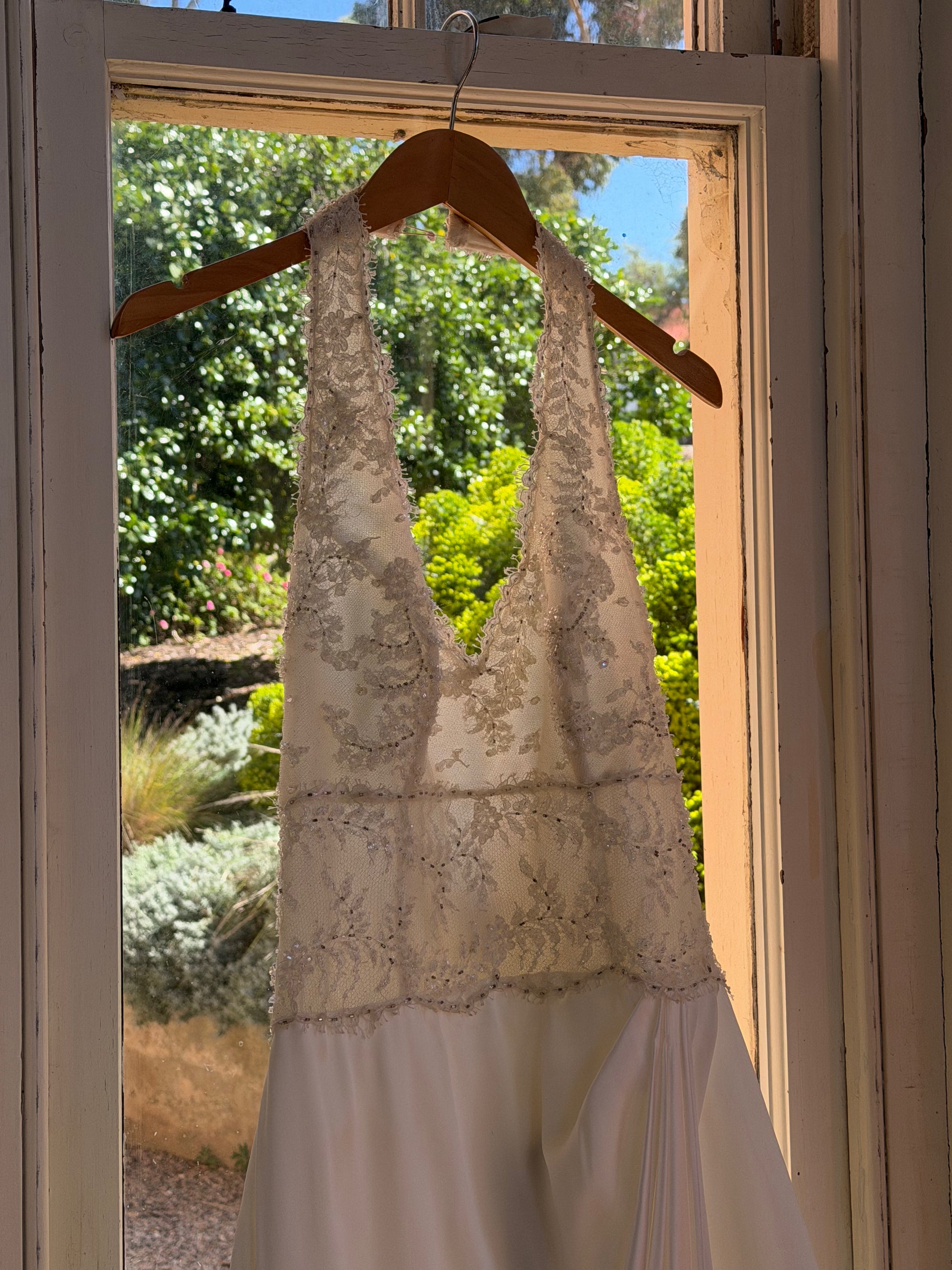 Vintage 90s Draped Satin Sequin Halter Wedding Gown