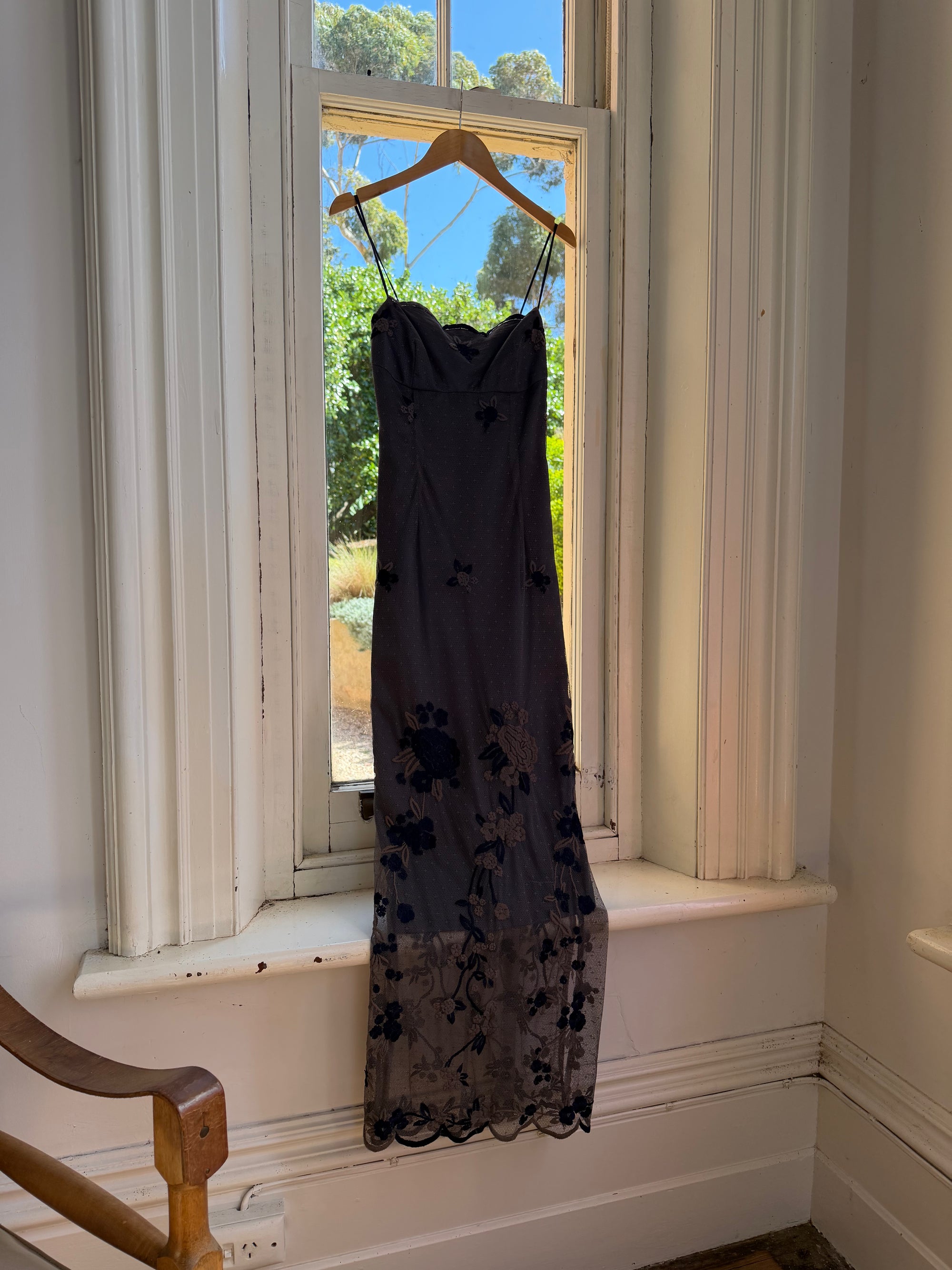 Vintage 90s Navy Floral Mesh Maxi Slip Dress