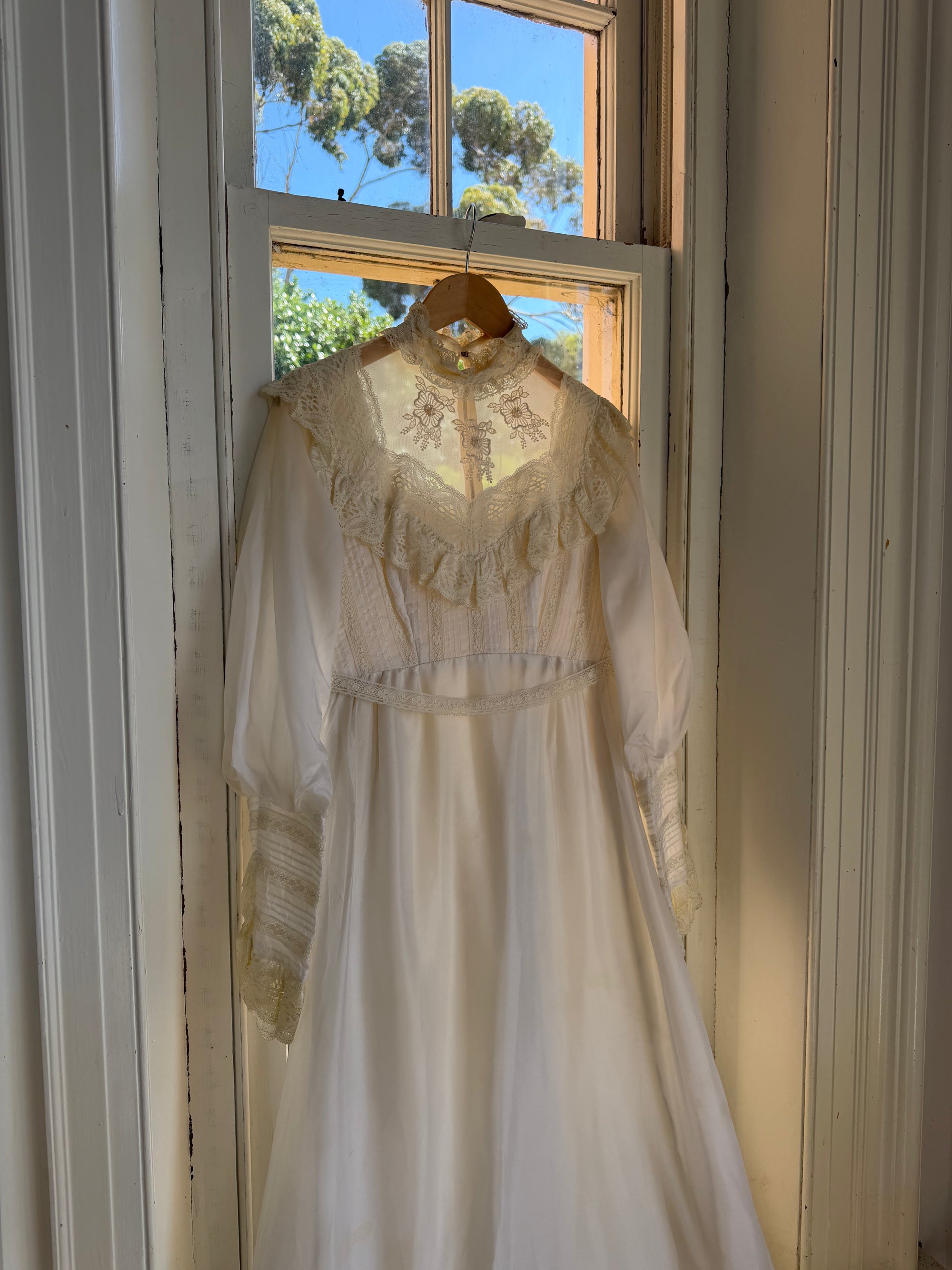 Vintage 60s Lace Yoke Pintuck Embroidered Prairie Wedding Dress