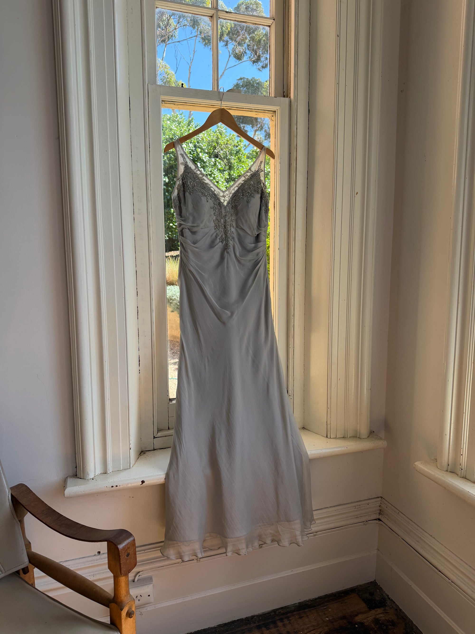 Vintage 90s Silver Grey Beaded Silk Slip Dress and Tie Shawl