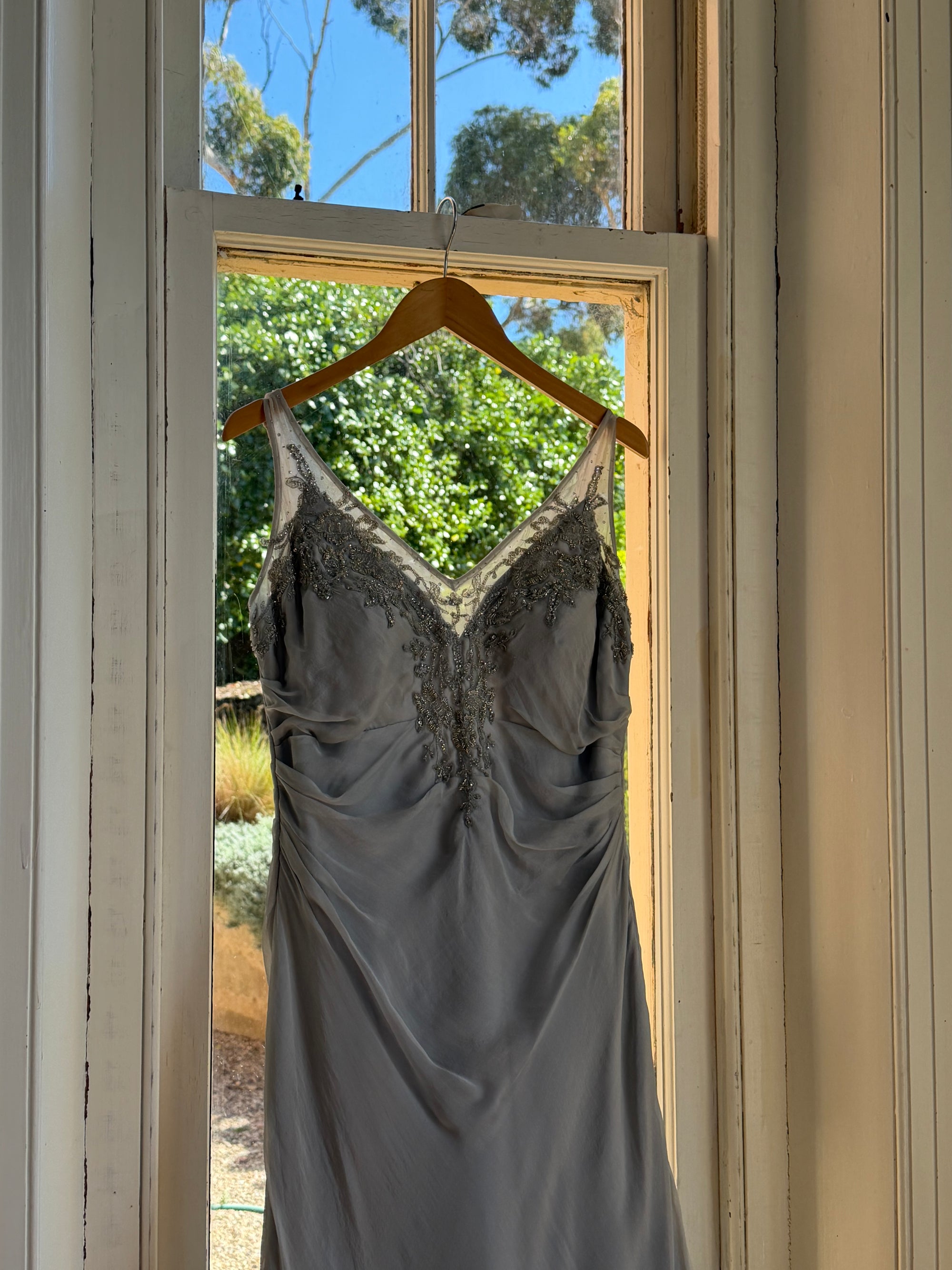 Vintage 90s Silver Grey Beaded Silk Slip Dress and Tie Shawl