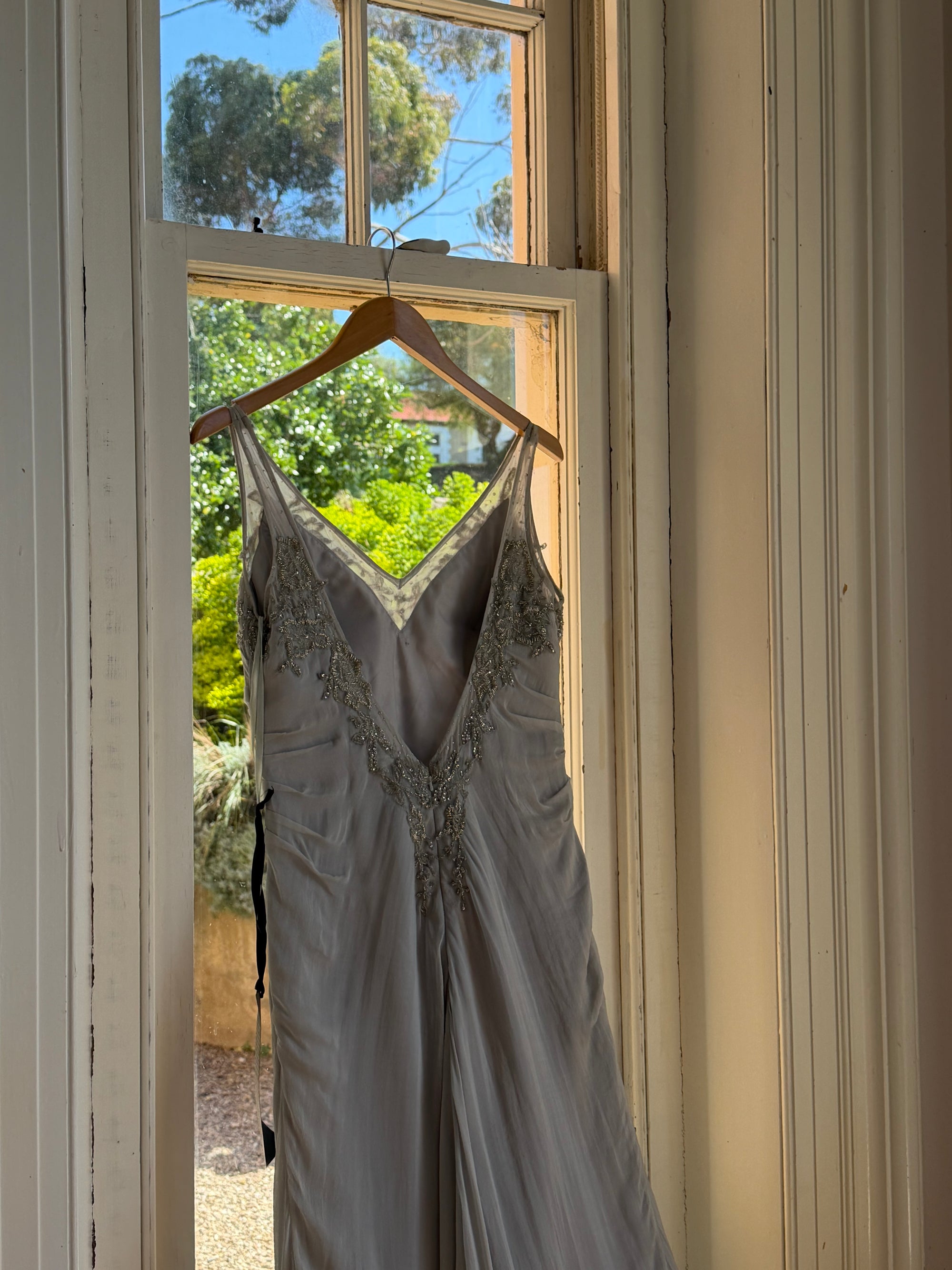 Vintage 90s Silver Grey Beaded Silk Slip Dress and Tie Shawl