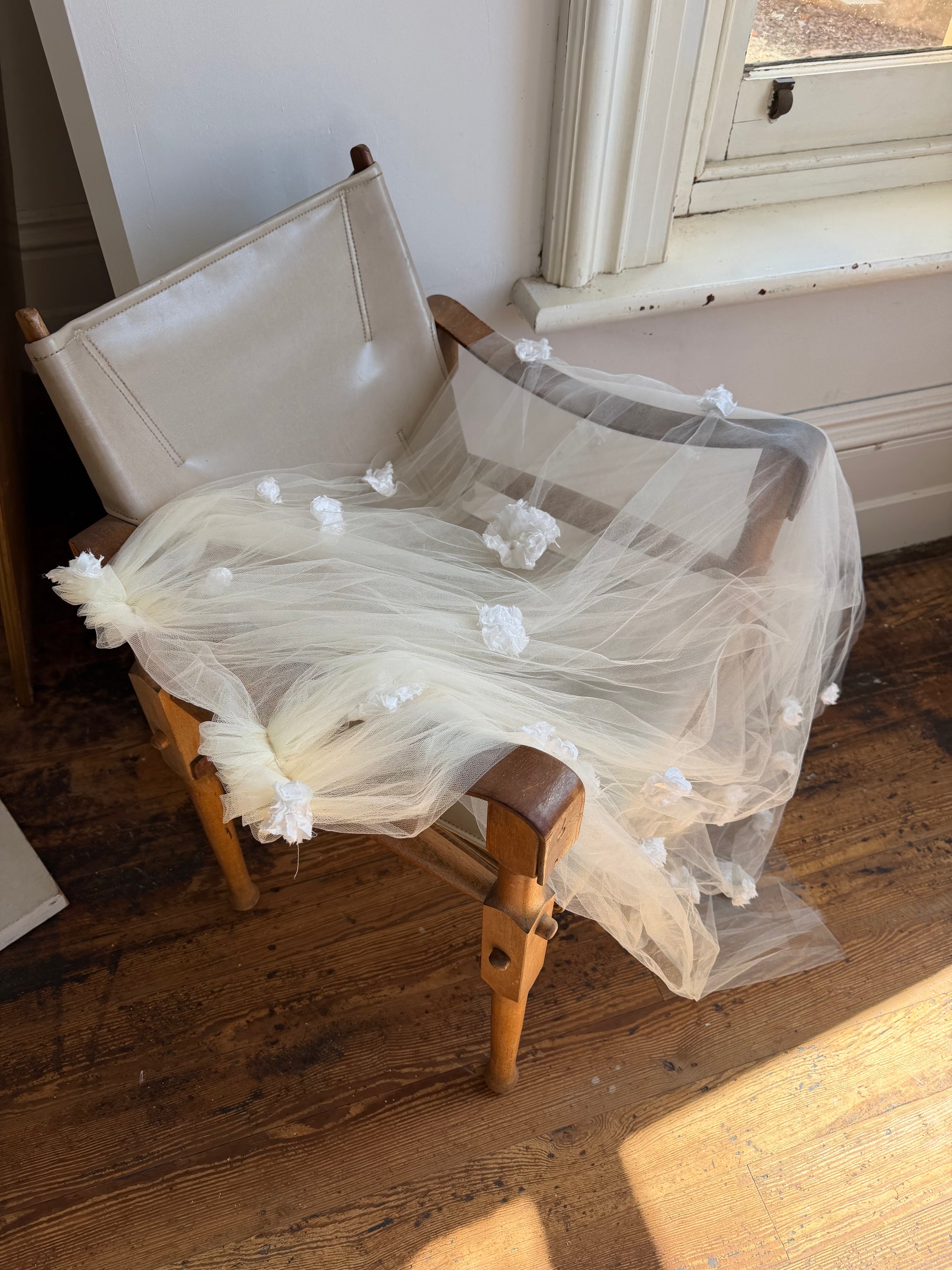 Vintage Reworked White Tulle Bridal Veil with 3D Flowers
