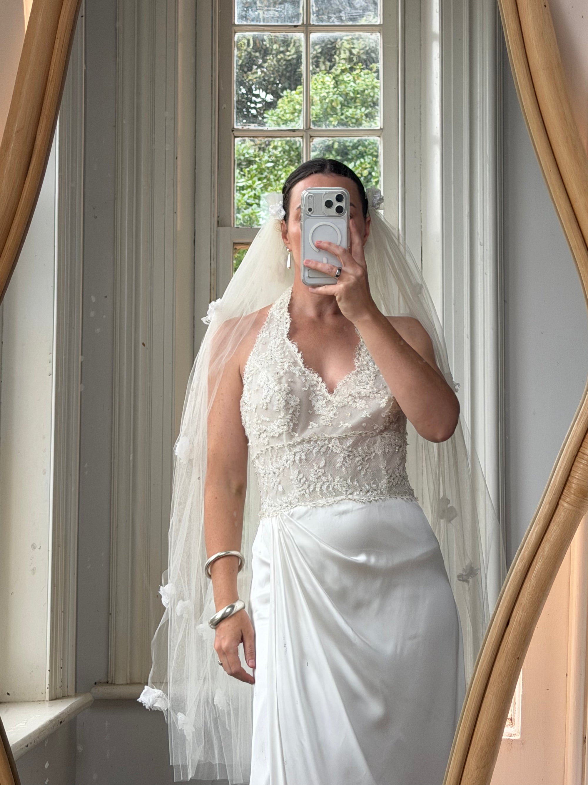 Vintage 90s Draped Satin Sequin Halter Wedding Gown