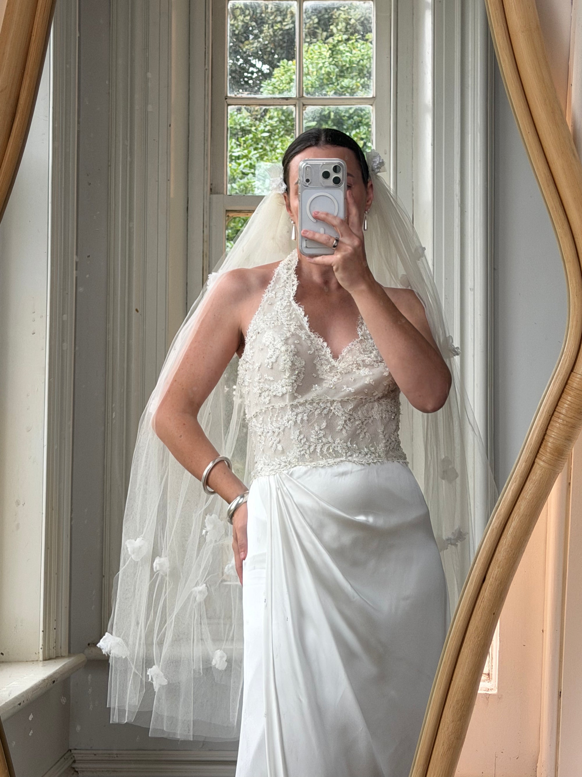 Vintage Reworked White Tulle Bridal Veil with 3D Flowers