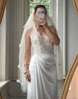 Vintage 90s Draped Satin Sequin Halter Wedding Gown