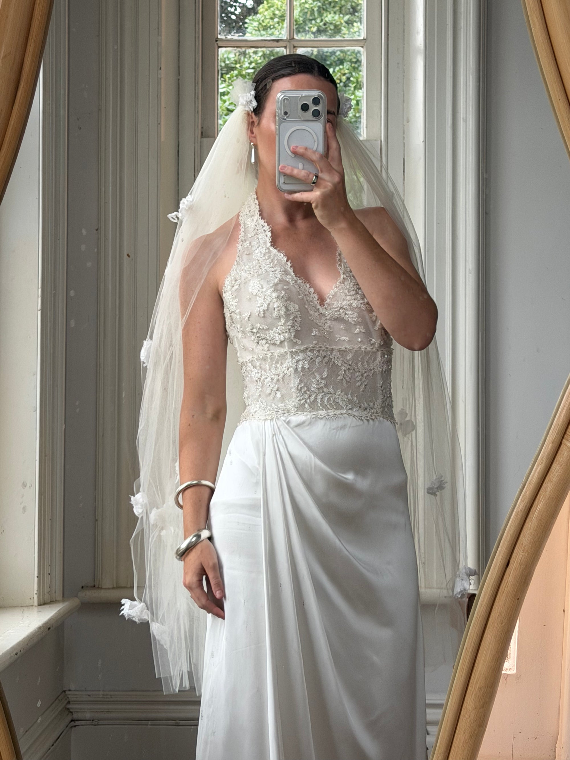 Vintage Reworked White Tulle Bridal Veil with 3D Flowers