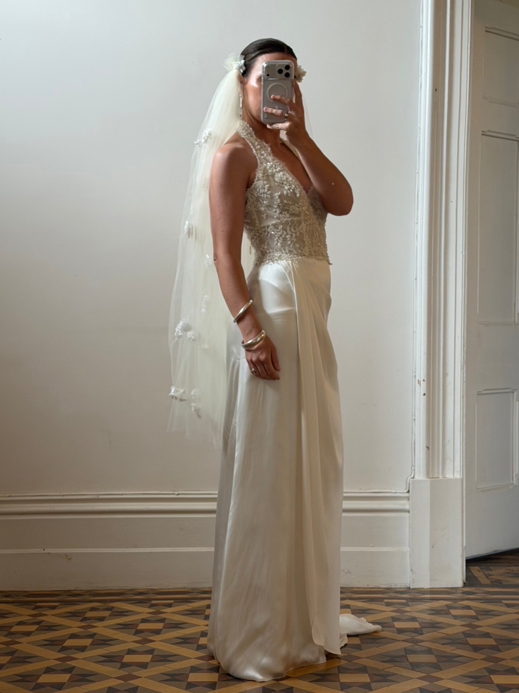 Vintage Reworked White Tulle Bridal Veil with 3D Flowers