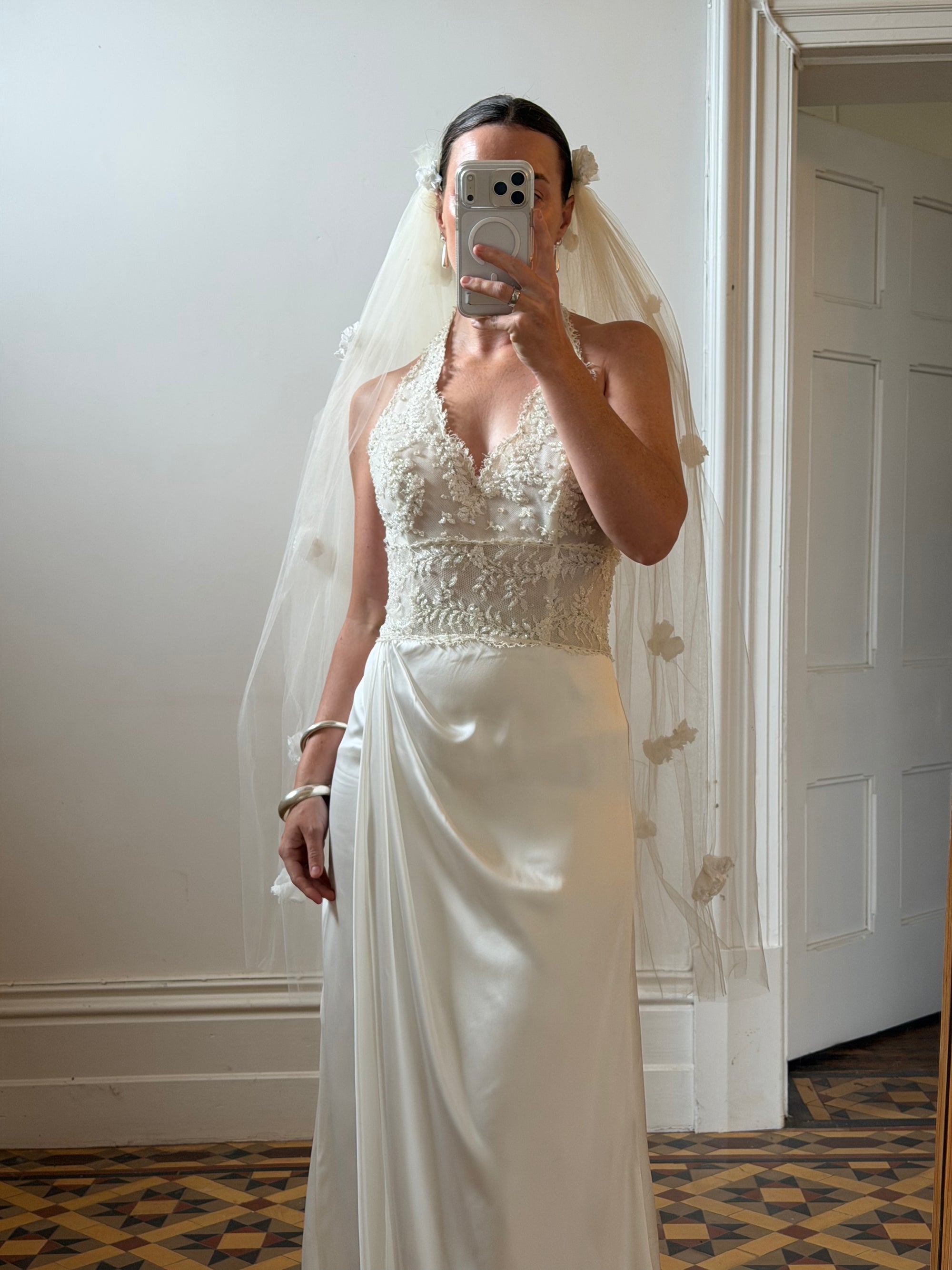 Vintage Reworked White Tulle Bridal Veil with 3D Flowers