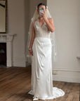Vintage 90s Draped Satin Sequin Halter Wedding Gown